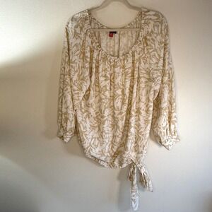 Vince Camuto Floral Tie‎ Front Blouse Womens L Long Sleeve V Neck Boho Tan Cream